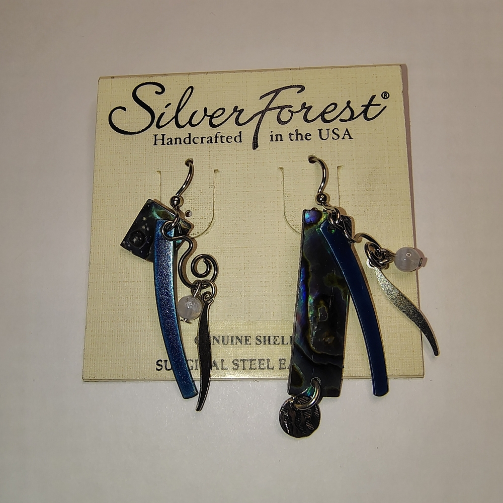 Silver Forest Blue Abalone Shell Dangle Earrings … - image 3